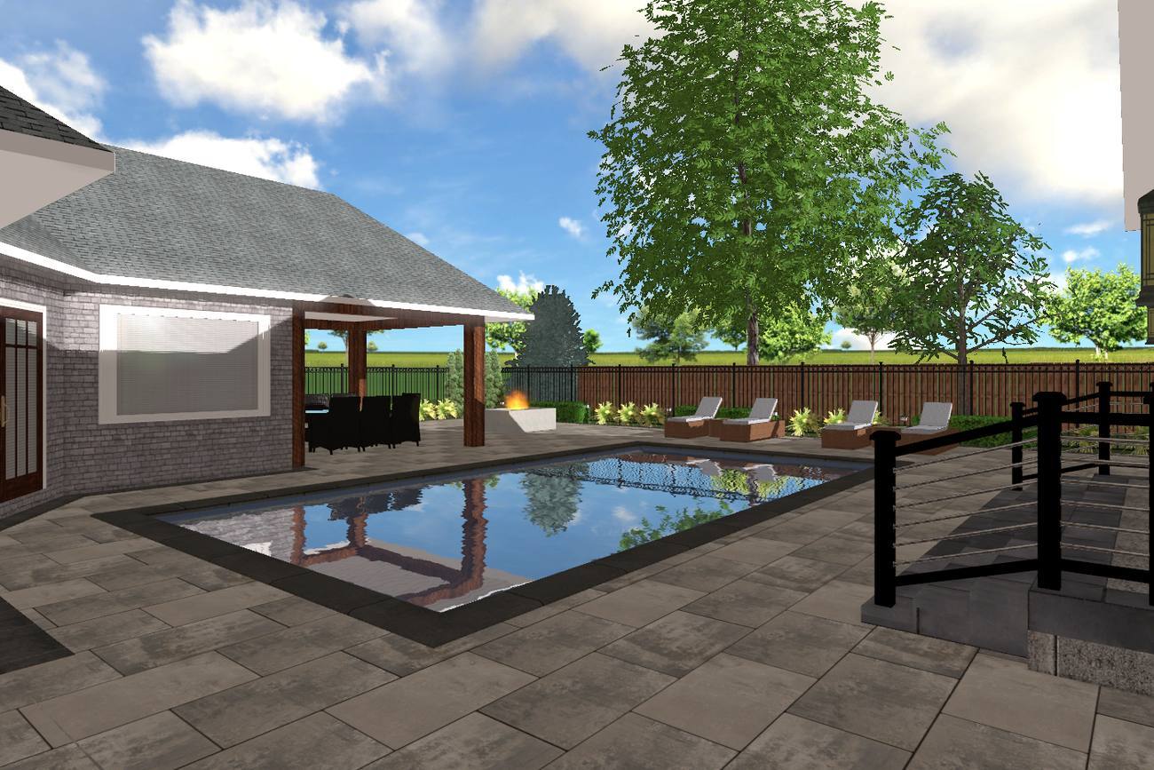 The 3D render of the pool and patio, drawn before the build